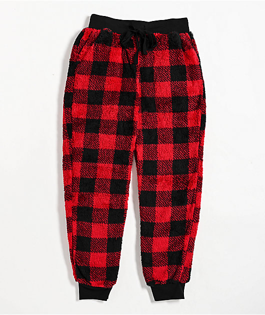 Cali 1850 Sherpa Plaid Red Black Jogger Sweatpants
