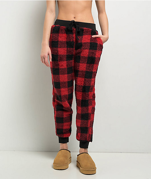 Cali 1850 Sherpa Plaid Red Black Jogger Sweatpants