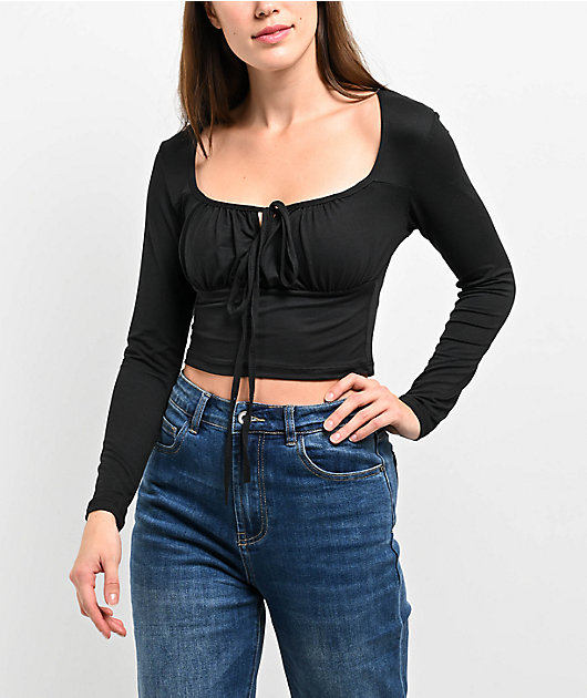 Capella Front Tie Black Long Sleeve Crop Top