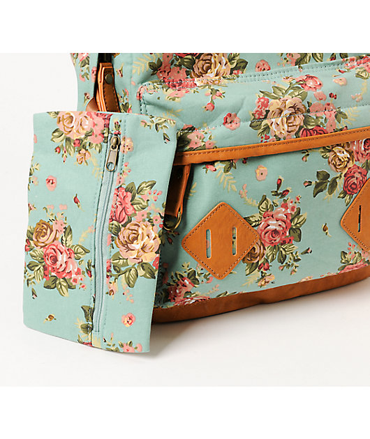 Carrot Company Floral Print Mint Canvas Backpack