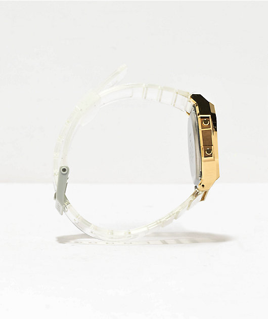 ✨ Reloj Casio Vintage dorado y correa transparente, A168XESG-9AEF.