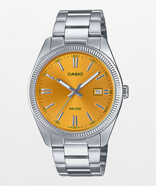 Casio MTP1302D 9AVT Vintage Silver Yellow Analog Watch Zumiez