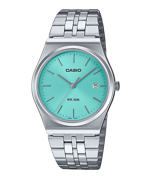 Casio MTPB145DC-21V Silver & Turquoise Blue Analog Watch | Zumiez