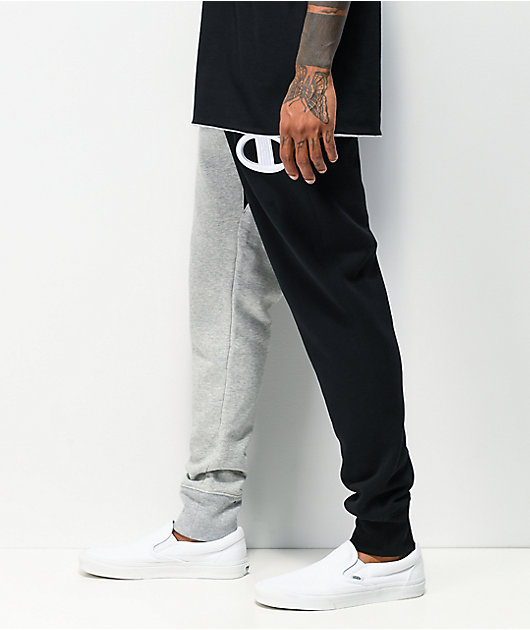 champion c logo reverse weave black & grey colorblock jogger sweatpants