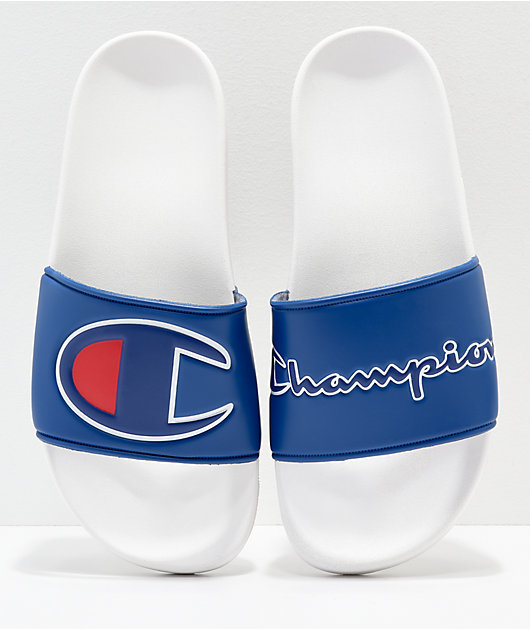 blue and white champion slides