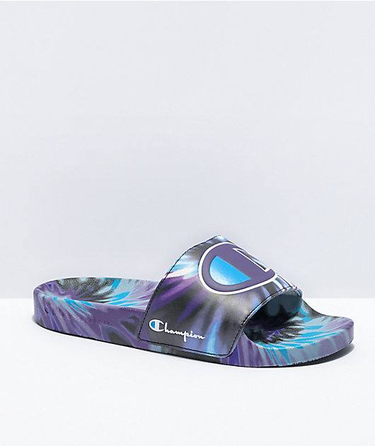 Champion IPO Tie Dye Black Purple Teal Slide Sandals Zumiez