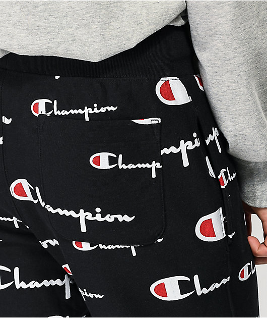 champion reverse weave allover script black jogger sweatpants