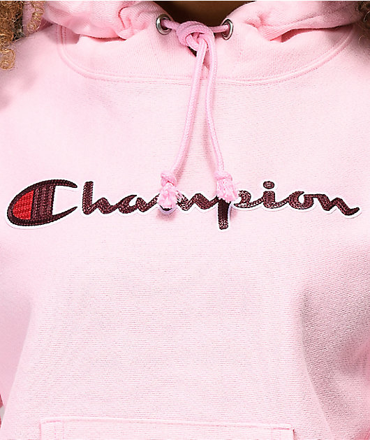 champion reverse weave chenille logo pink hoodie