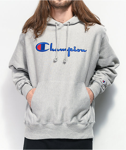 Champion Reverse Weave Logo Script Grey Hoodie