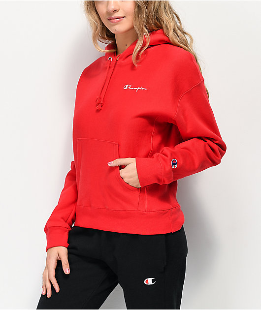red champion hoodie with white logo