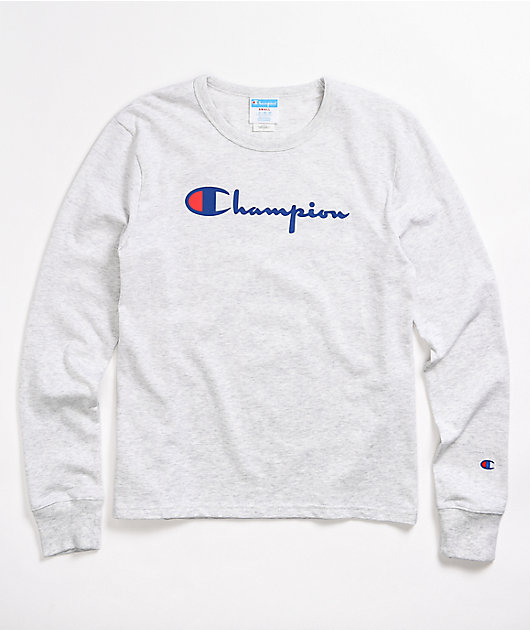 Champion Script Logo Light Grey Long Sleeve T-Shirt