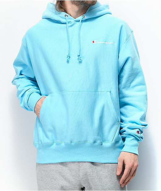 Champion Small Script Logo sudadera con capucha azul claro de tejido  inverso | Zumiez