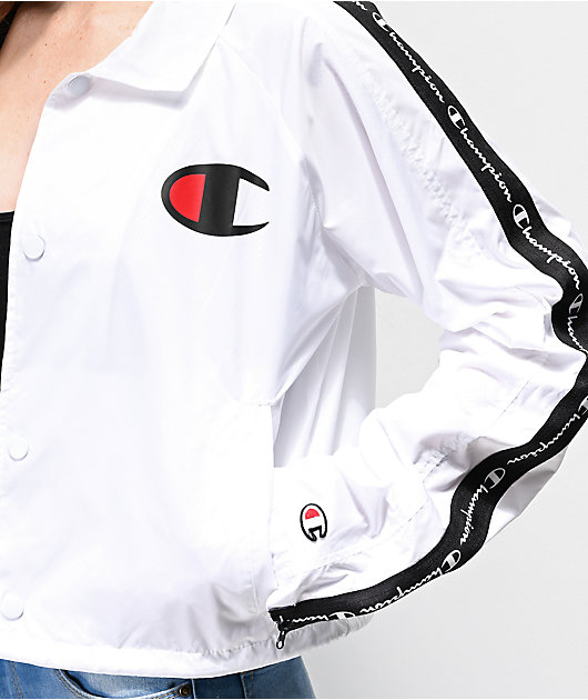 Champion Zip Tape White Crop Coaches Jacket
