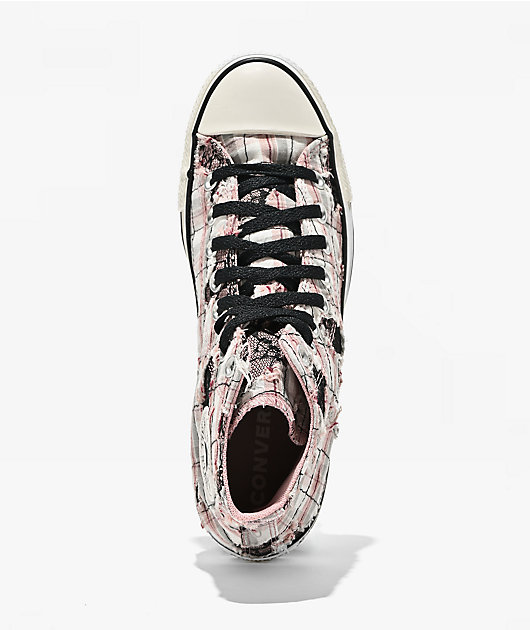 Converse Chuck Taylor All Star Distressed Pink Plaid & Black Lace High Top Shoes