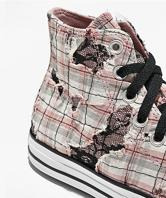 Converse Chuck Taylor All Star Distressed Pink Plaid & Black Lace High Top Shoes