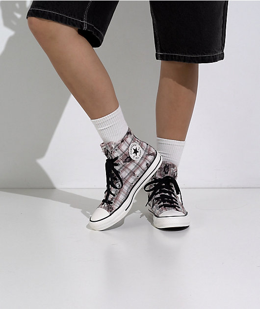 Converse Chuck Taylor All Star Distressed Pink Plaid & Black Lace High Top Shoes video