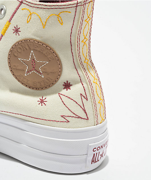 Converse Chuck Taylor All Star Lift Western Embroidered Egret Astrodust Yellow High Top Platform Shoes Zumiez