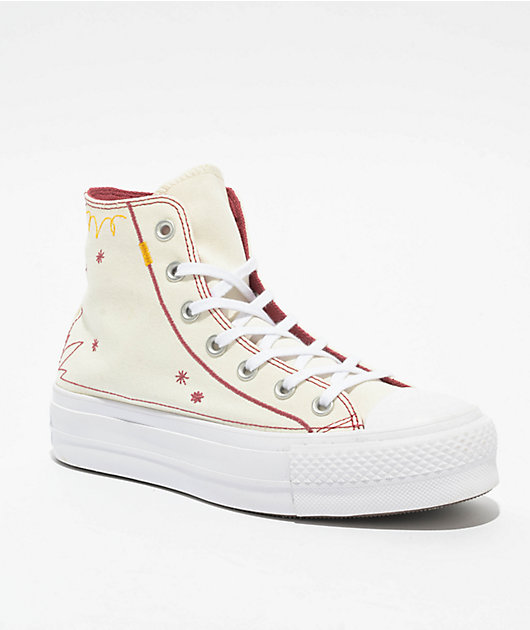Converse Chuck Taylor All Star Lift Western Embroidered Egret Astrodust Yellow High Top Platform Shoes Zumiez