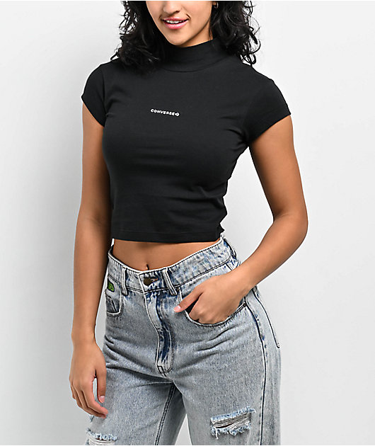 Converse Wordmark Black Mock Neck Crop T Shirt Zumiez