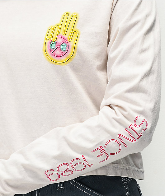 Cross Colours Neon Peace Logo Off-White Crop Long Sleeve T-Shirt