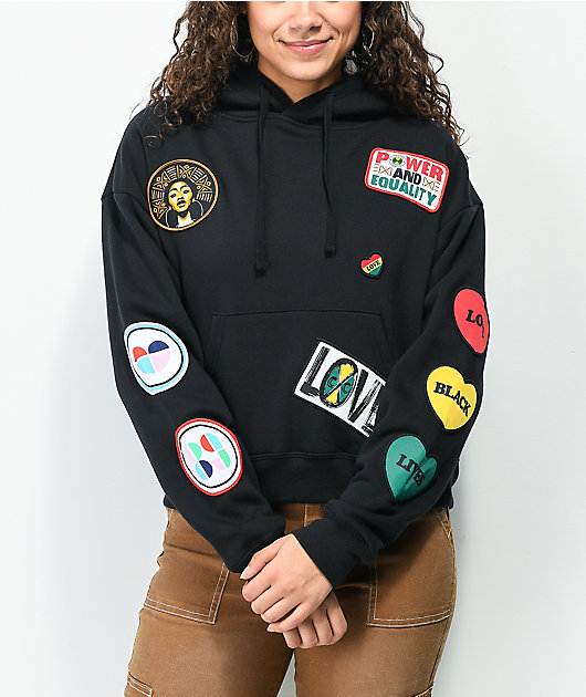 Cross Colours Patches Black Crop Hoodie | Zumiez