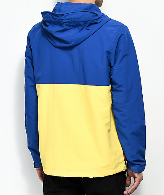 yellow and navy blue windbreaker