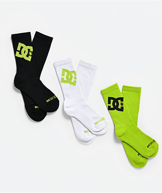 DC Graffik Logo 3 Pack Black, White & Green Crew Socks