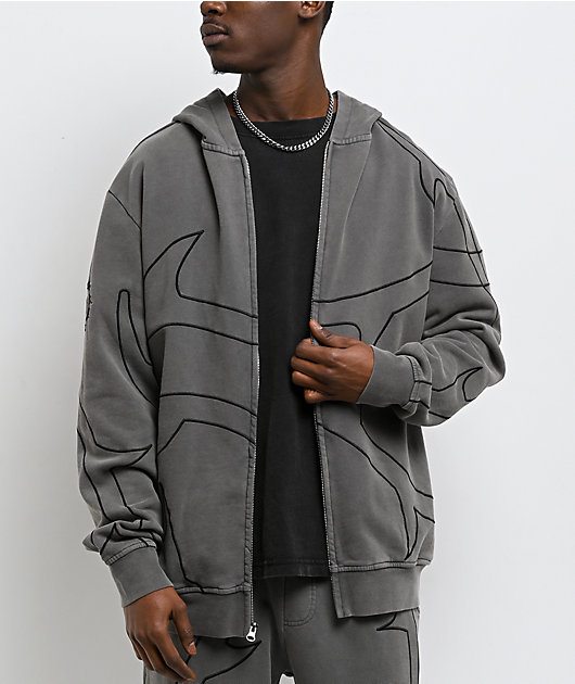 トップス agnes b. archive hoodie charcoal gary Grey Wash Oversized Zip Up Hoodie with Abstract Print - Grunge