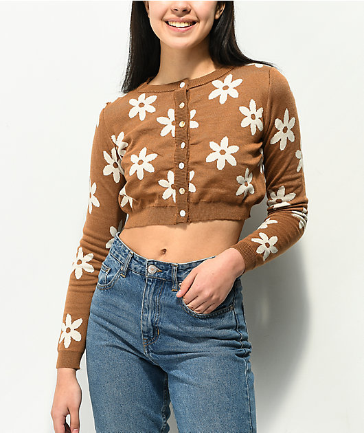Daisy Street Flower Tan Crop Cardigan Sweater