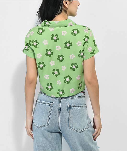 Daisy Street Sadie Hibiscus camisa verde de manga corta con botones