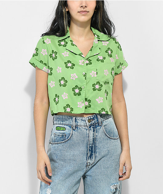 Daisy Street Sadie Hibiscus camisa verde de manga corta con botones