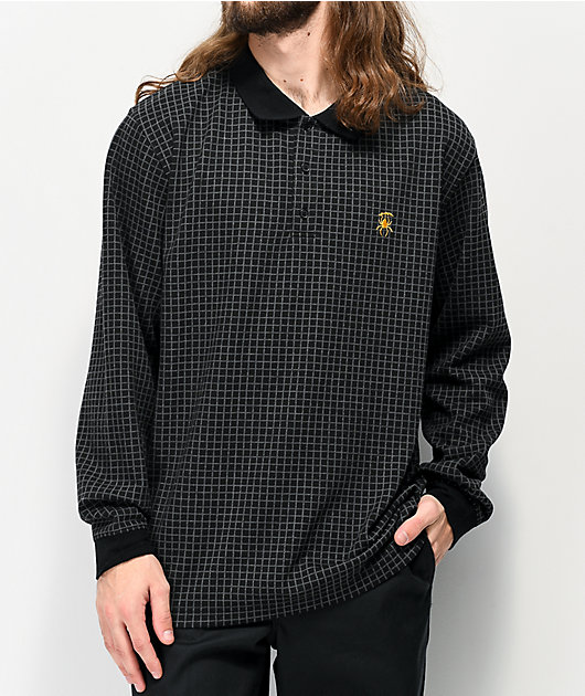 Deathworld Grid Black & Grey Long Sleeve Polo Shirt