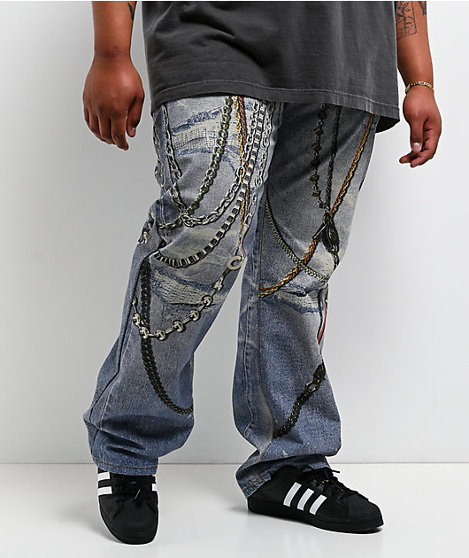 Decibel Printed Indigo Straight Leg Jeans