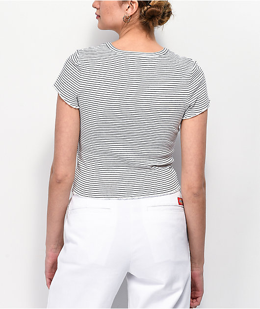 Dickies Embroidered White & Black Stripe Crop T-Shirt