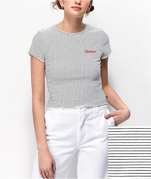 Dickies Embroidered White & Black Stripe Crop T-Shirt