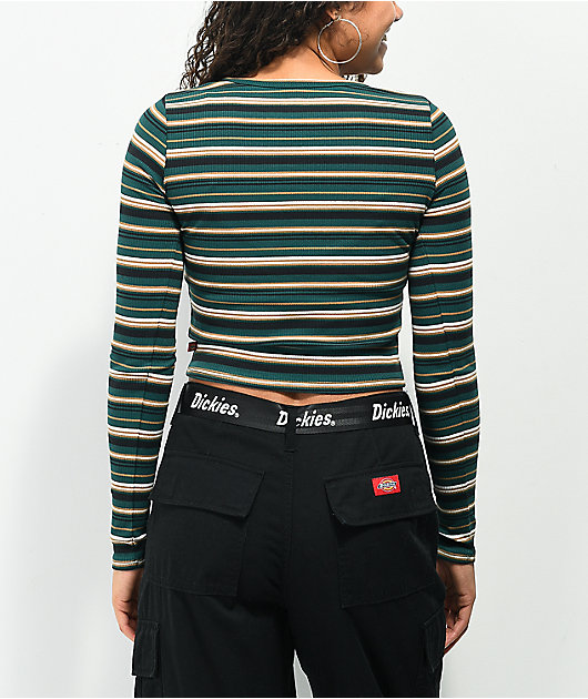 Dickies Forest Green Stripe Long Sleeve Button Front Top