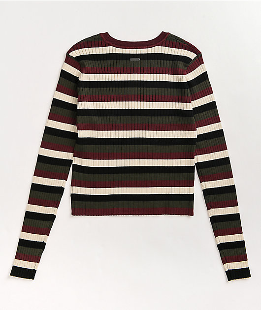 Dickies Rib Multi Stripe Maroon & White Crop Long Sleeve Top
