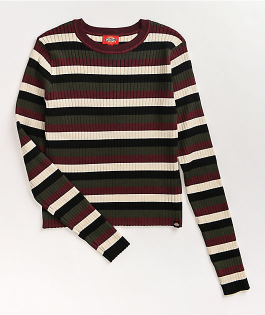 Dickies Rib Multi Stripe Maroon & White Crop Long Sleeve Top