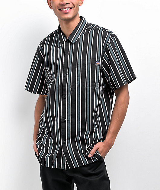 Dickies Skateboarding Relaxed Cooling Green & Black Stripe Button Up Short Sleeve Shirt