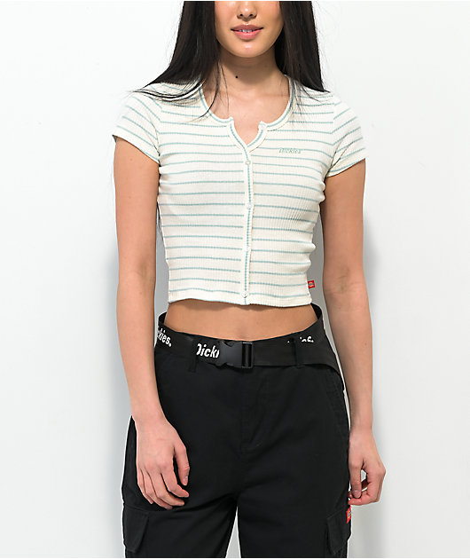 Dickies White Stripe Button Front Crop Top