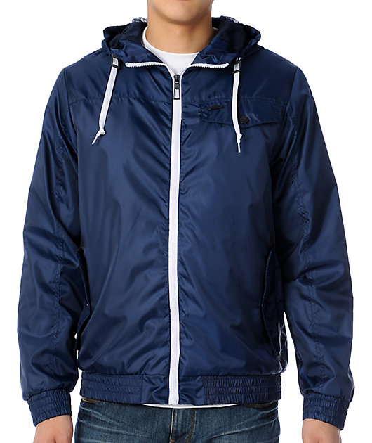 navy blue windbreaker with hood