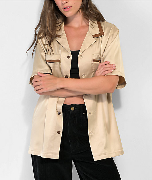 EPTM Villa Tan Satin Short Sleeve Button-Up Shirt