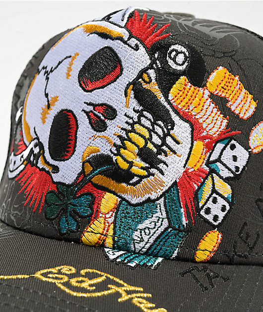 Ed Hardy Ace Skull Charcoal Trucker Hat