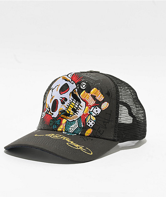 Ed Hardy スカルキャップ Ed Hardy Ace Skull Charcoal Trucker Hat | Zumiez