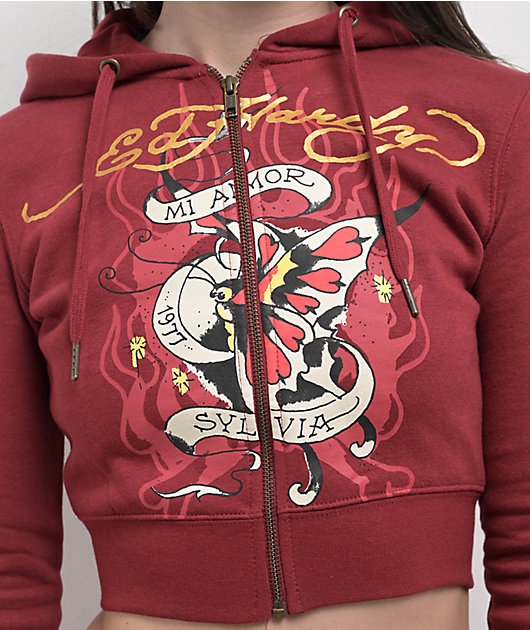 Ed Hardy Amor Butterfly Wine Crop Zip Hoodie
