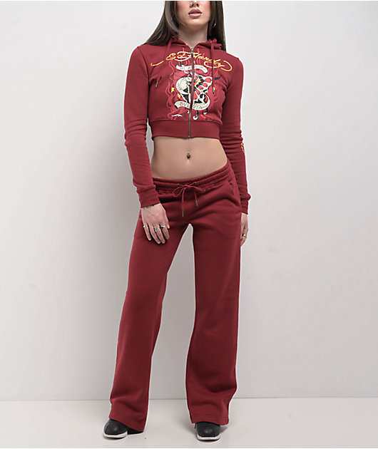 Ed Hardy Amor Butterfly Wine Crop Zip Hoodie