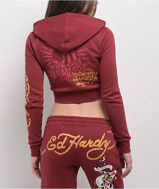 Ed Hardy Amor Butterfly Wine Crop Zip Hoodie