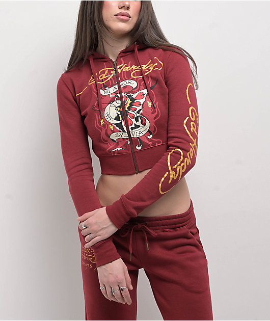 Ed Hardy Amor Butterfly Wine Crop Zip Hoodie | Zumiez