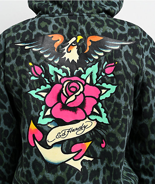 Ed Hardy Anchor Rose Green Leopard Crop Zip Hoodie | Zumiez