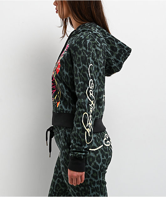 Ed Hardy Anchor Rose Green Leopard Crop Zip Hoodie | Zumiez